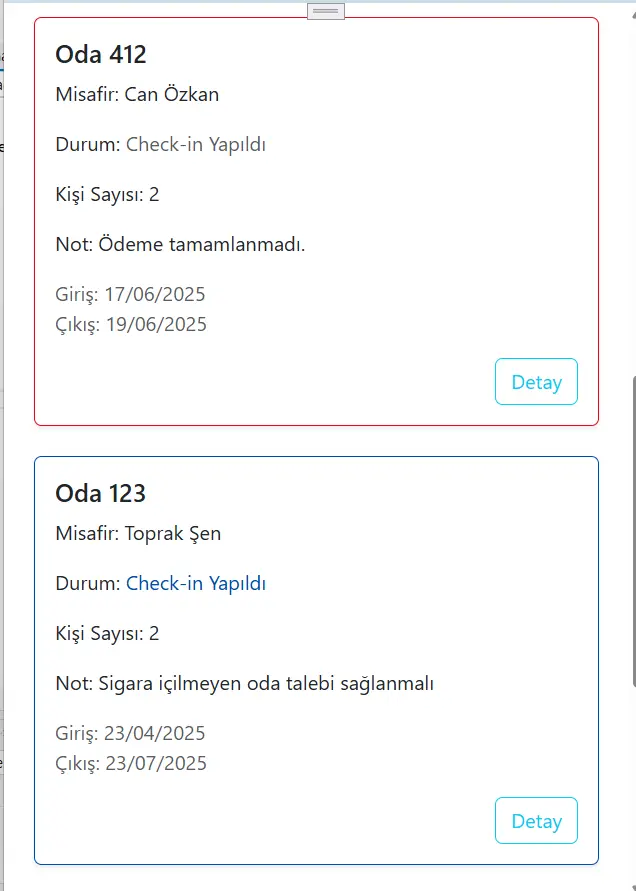Yetkili Ekranı Rezervasyon Listesi